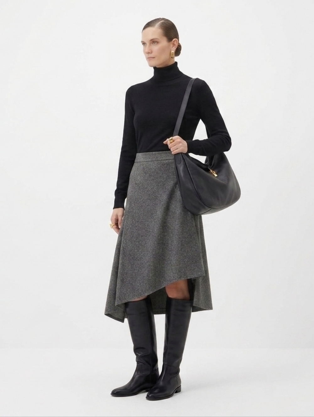 'S Max Mara Gray Herringbone Virgin Wool Asymmetric Skirt